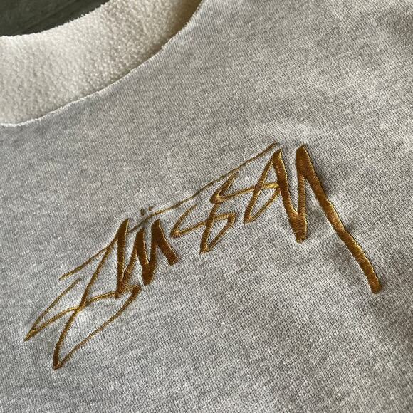 Stussy Gold Embroidered Logo Sweatshirt Gray Small Vintage 90s Y2K Surf Skate - Picture 3 of 10